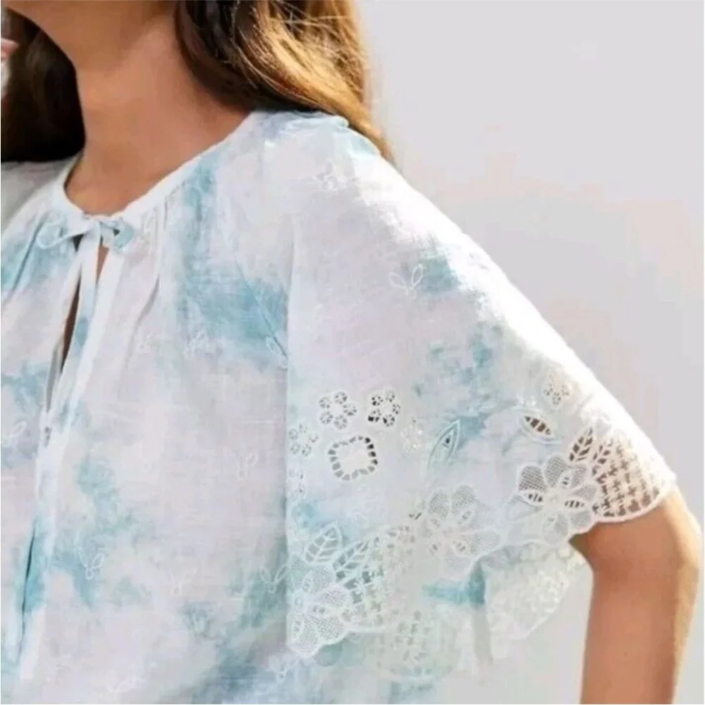 Anthropologie Embroidered Tie Dye Eyelet Lace Boho Puff‎ Sleeve Blouse